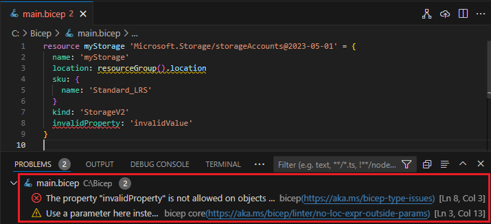 Captura de tela do painel de problemas do Visual Studio Code Bicep.