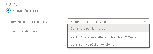 Captura de tela do elemento de interface do usuário de combinação de credenciais com opções para chave pública SSH do Linux.