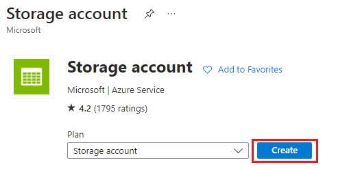 Captura de ecrã da página de contas de armazenamento com o botão Criar realçado.