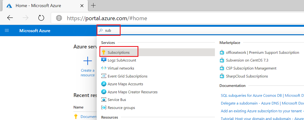 Captura de ecrã a mostrar a pesquisa de subscrições no portal do Azure.