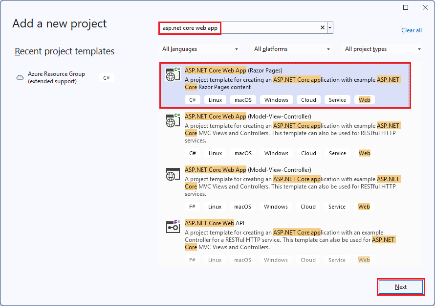 Captura de tela da janela Novo Projeto com ASP.NET Aplicativo Web Principal selecionado.