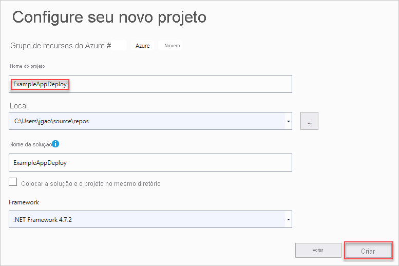 Captura de tela da janela de nomeação do projeto no Visual Studio.