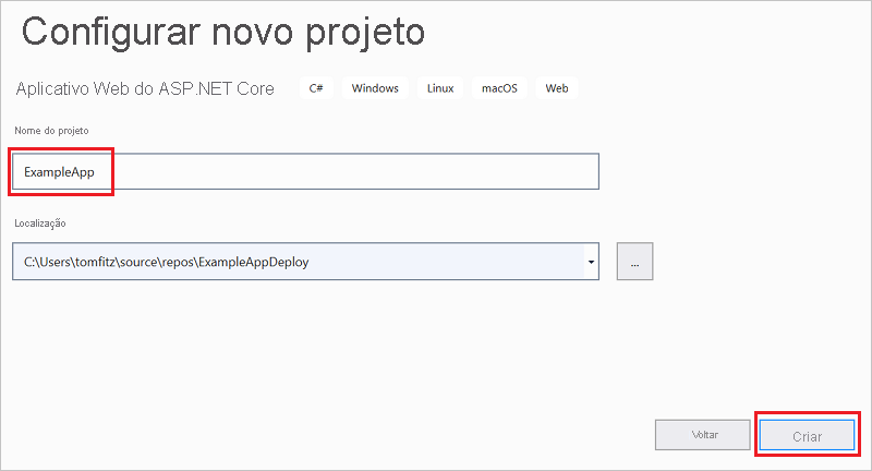 Captura de tela da janela de nomeação do projeto para o ASP.NET Core Web Application.