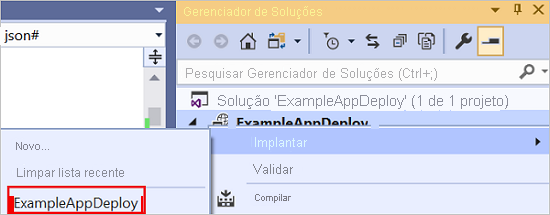 Captura de tela do menu de contexto do projeto de implantação com Implantar e o grupo de recursos usado anteriormente realçado.