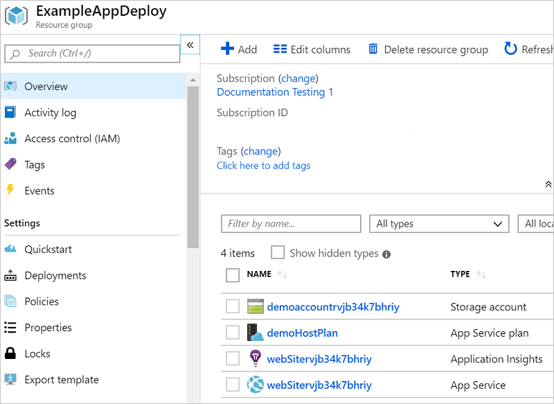 Captura de tela do portal do Azure exibindo os recursos implantados em um grupo de recursos.