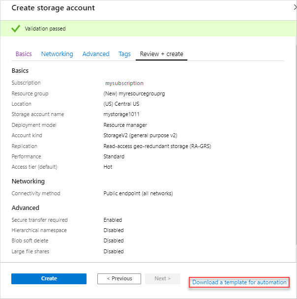 Captura de ecrã da opção para transferir um modelo antes da implementação no portal do Azure.