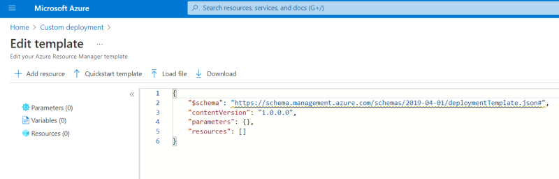 Captura de ecrã a mostrar um modelo do ARM em branco no portal do Azure.