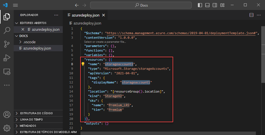 Captura de tela mostrando um recurso de Armazenamento do Azure em um modelo ARM.