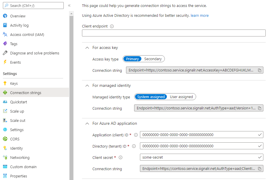 Captura de tela que mostra o gerador de cadeia de conexão para o Serviço SignalR do Azure no portal do Azure.