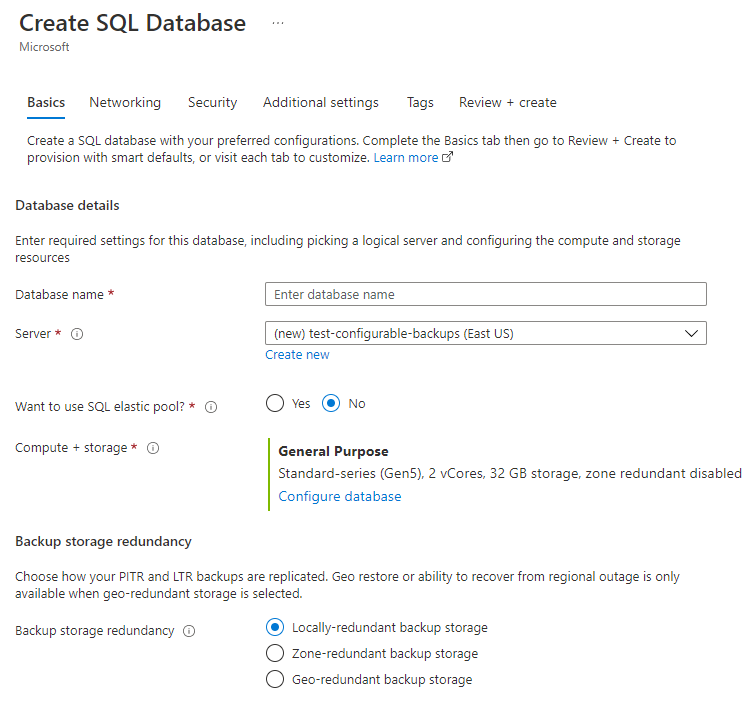 Screenshot of the Azure portal, where you can change backup storage redundancy from the Basics tab when you create your database.