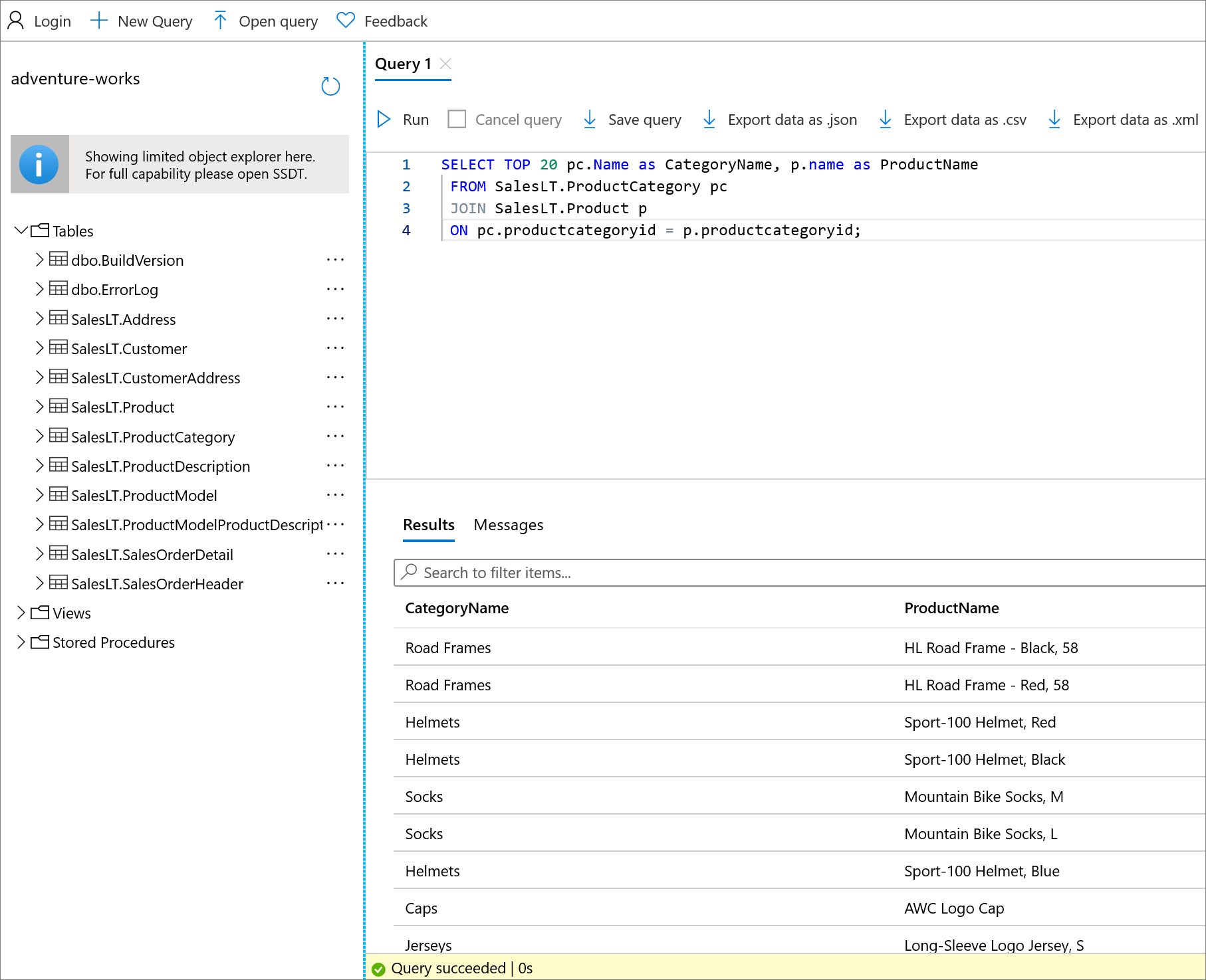 Screenshot showing query editor results for a SELECT query.