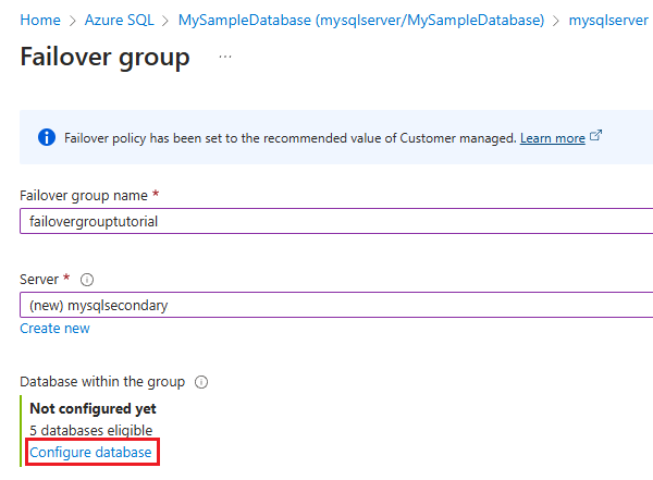 Add SQL Database to failover group