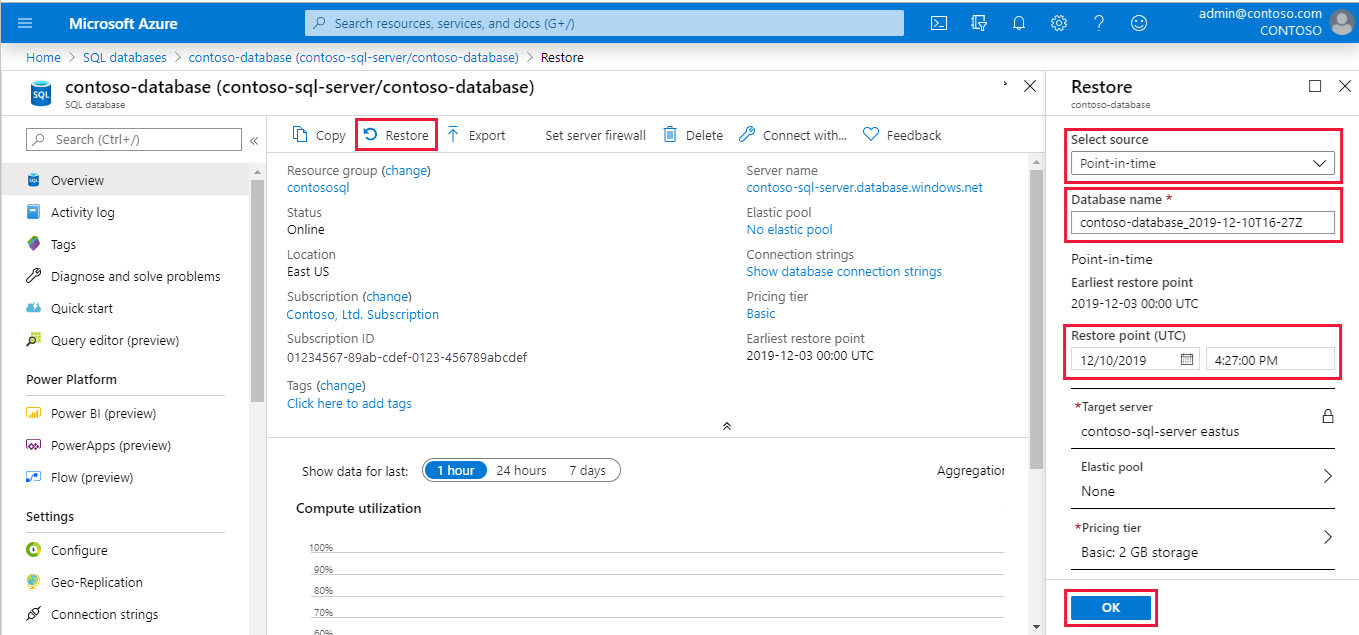 Screenshot of database restore options for SQL Database.