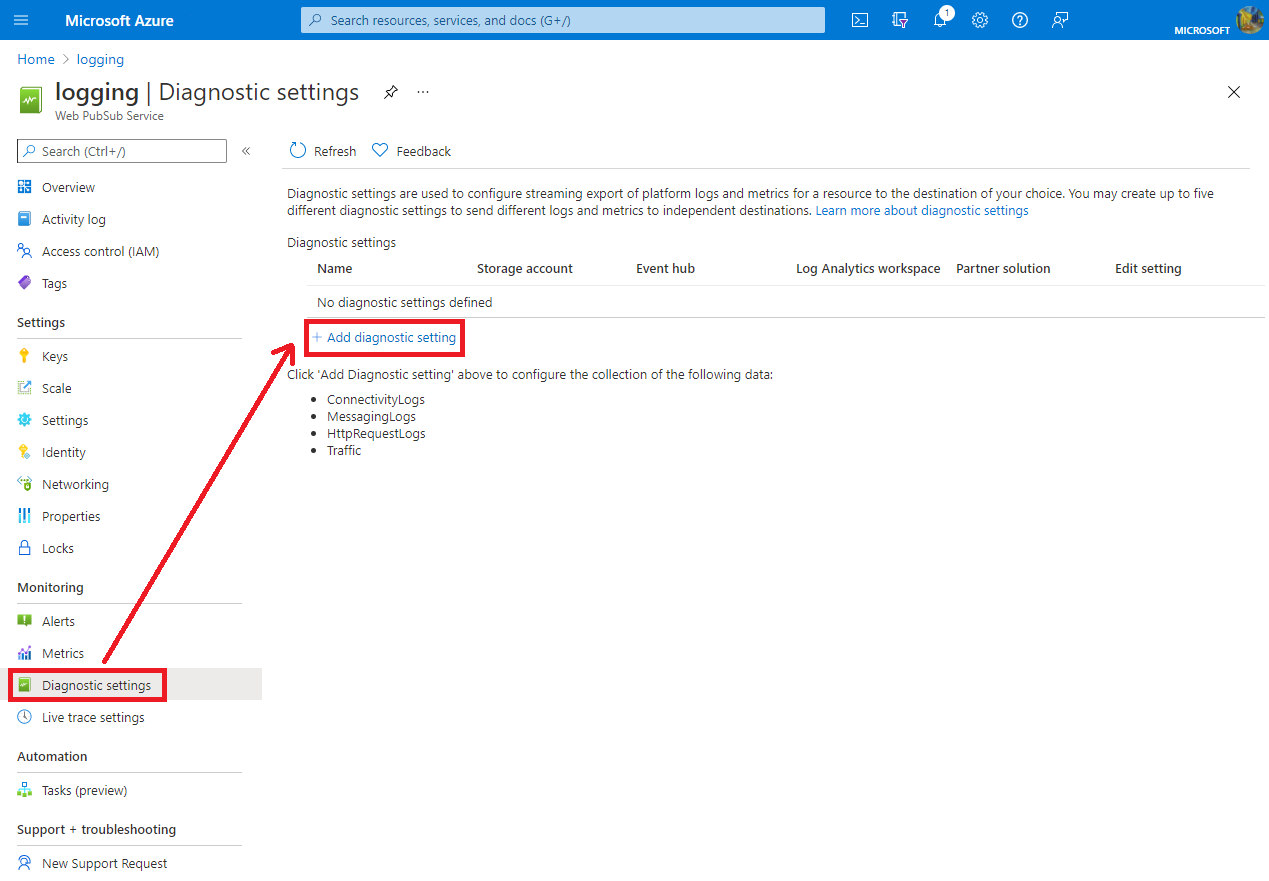 Captura de ecrã a mostrar a visualização de definições de diagnóstico e criar uma nova