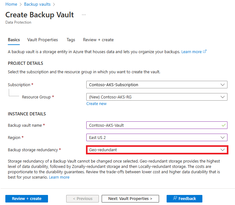 A captura de tela mostra como habilitar o parâmetro Backup Storage Redundance.