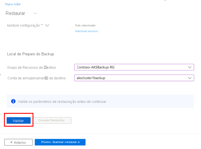 A captura de tela mostra a validação dos parâmetros de restauração.