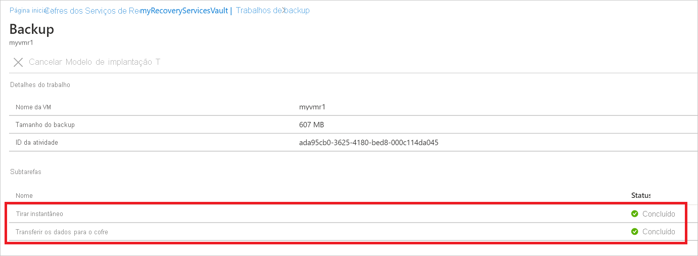 Captura de tela mostrando subtarefas de status do trabalho de backup.