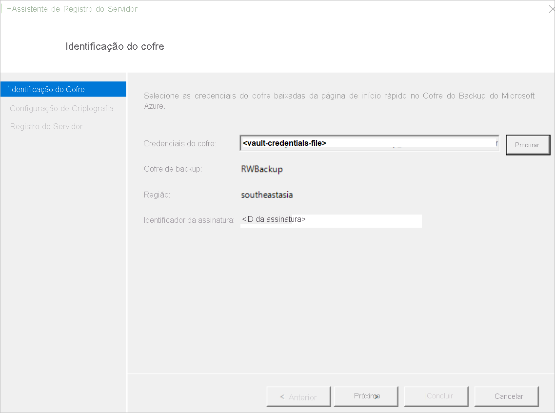 A captura de tela mostra como adicionar credenciais do cofre usando o Assistente para Registrar Servidor.