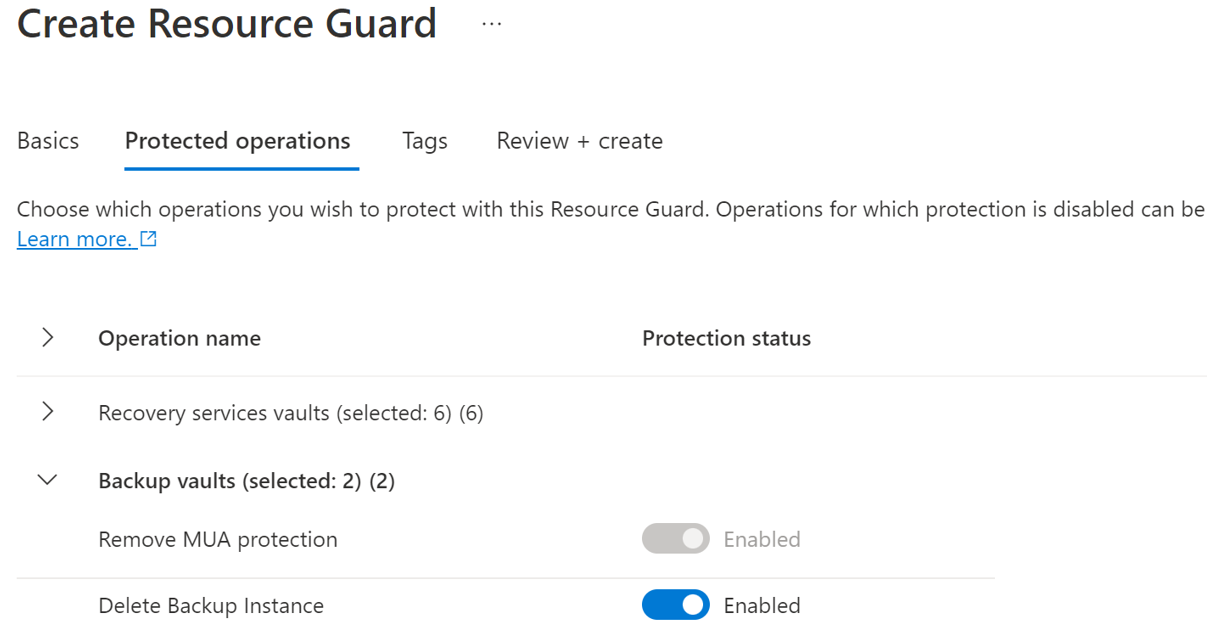 Captura de tela mostrando como selecionar operações de proteção usando o Resource Guard.