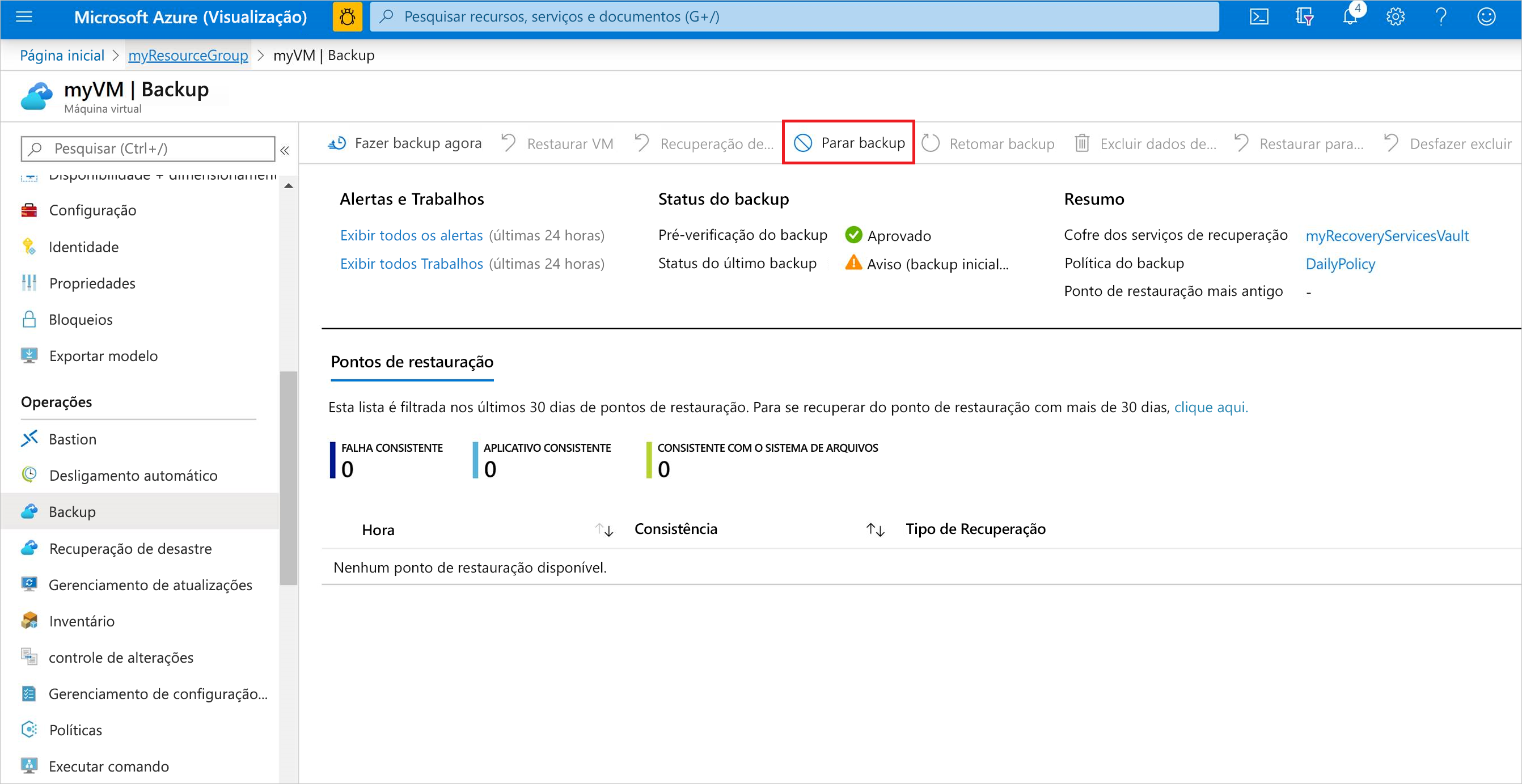 Captura de ecrã a mostrar para parar o backup de VM a partir do portal do Azure.