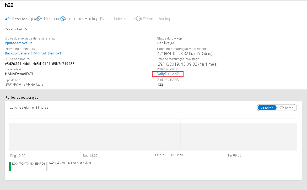 Captura de tela que mostra onde selecionar a política de backup existente.