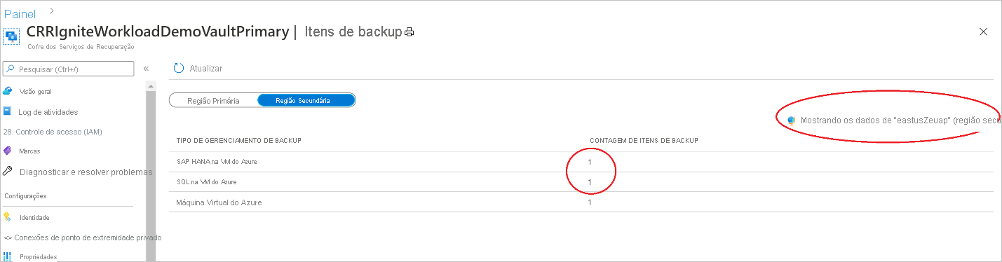 Captura de tela que mostra itens de backup na região secundária