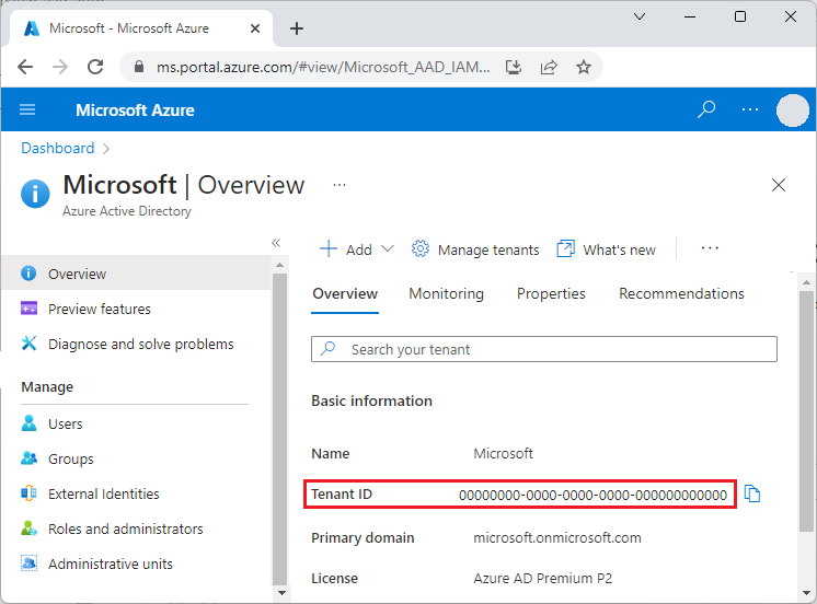 Captura de ecrã do ID do Inquilino no portal do Azure.