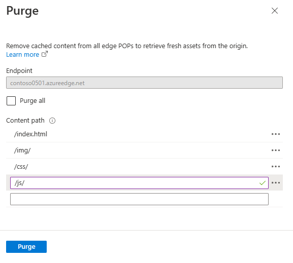 Captura de ecrã da página de limpeza num perfil da Rede de Distribuição de Conteúdo do Azure.