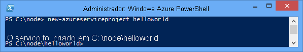 O resultado do comando olámundo New-AzureService