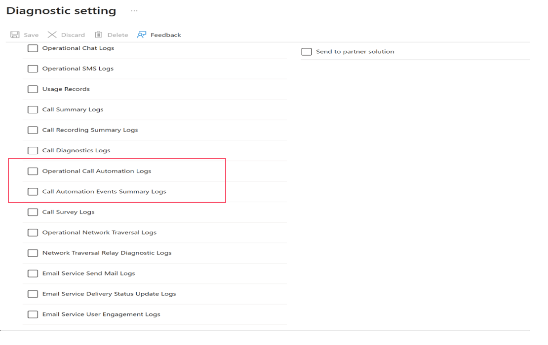 Captura de tela das configurações de diagnóstico para Automação de chamadas.