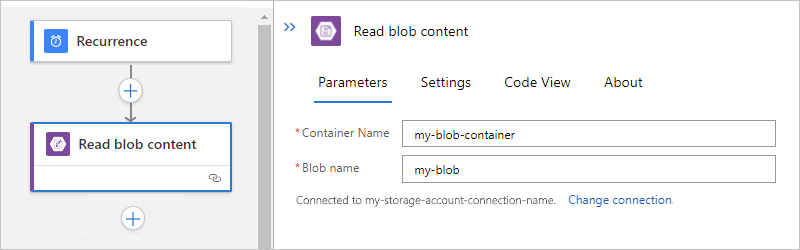 Captura de tela mostrando o fluxo de trabalho padrão com a configuração de ação interna de Blob para a pasta raiz.