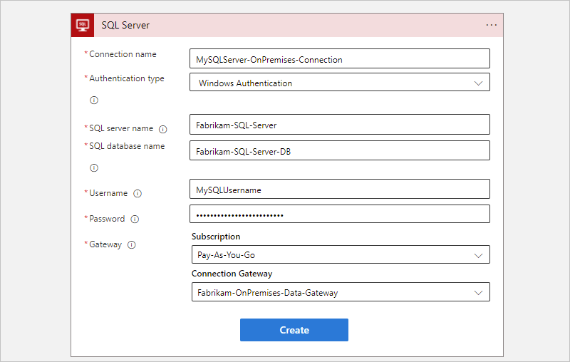 A captura de tela mostra o portal do Azure, o fluxo de trabalho de Consumo e as informações de conexão local do SQL Server com autenticação selecionada.