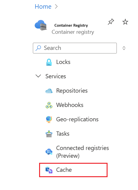 Captura de ecrã para a cache do Registo no portal do Azure.