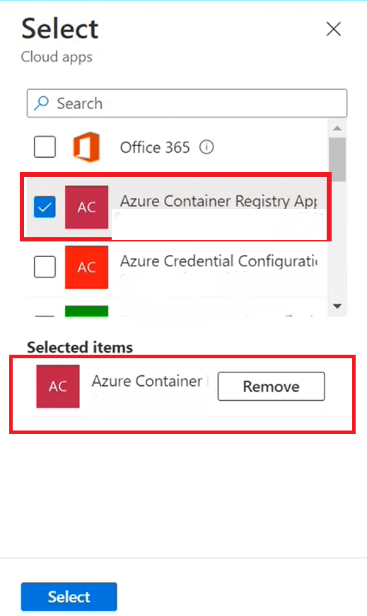 Uma captura de ecrã da lista de aplicações, com os resultados filtrados e 'Azure Container Registry' selecionado.