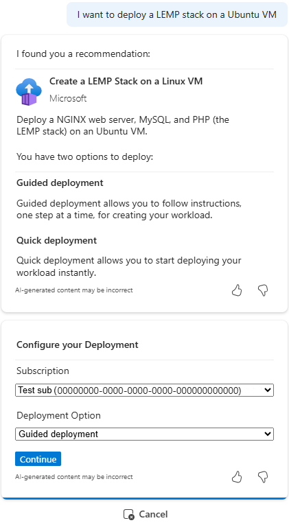 Captura de tela mostrando o Copilot no Azure apresentando opções de implantação para uma pilha LEMP no Ubuntu.