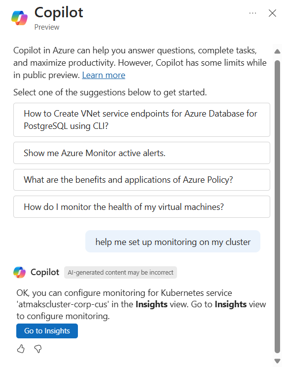 Captura de tela mostrando o Microsoft Copilot no Azure ajudando a configurar o monitoramento em um cluster AKS.