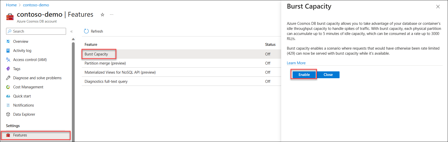 Captura de ecrã da funcionalidade Capacidade de Intermitência na página Funcionalidades numa conta do Azure Cosmos DB.