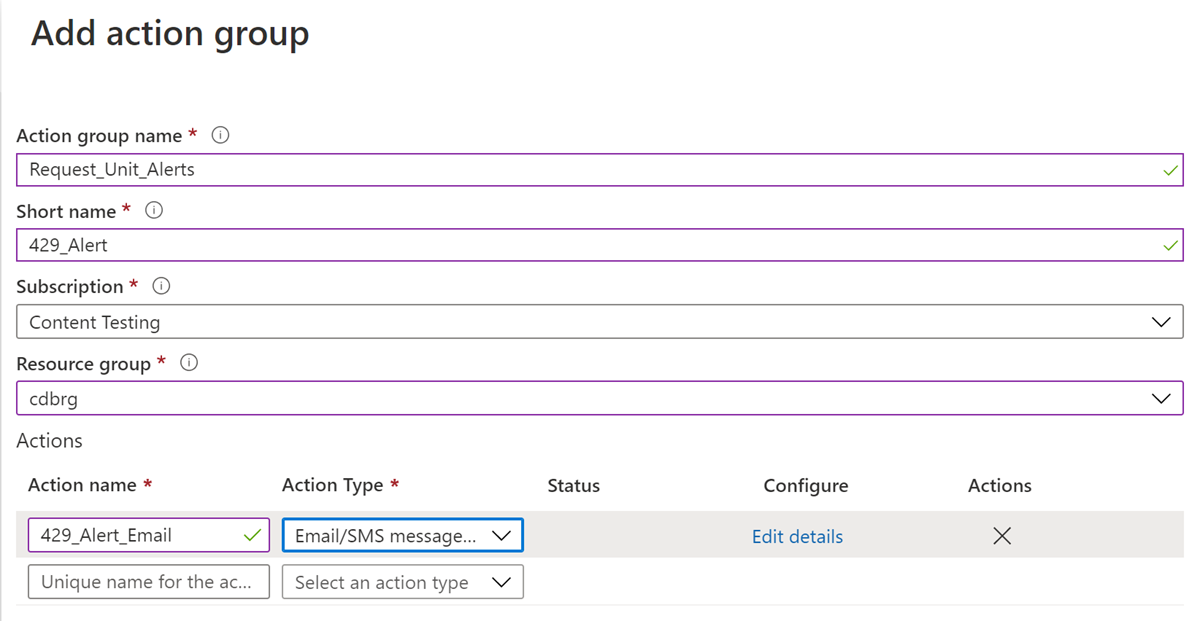 Configure o tipo de ação, como notificação por e-mail, para receber o alerta