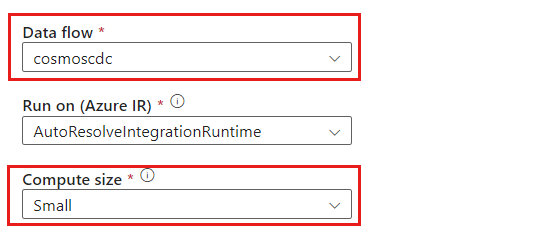 Captura de tela das definições de configuração para o fluxo de dados e o tamanho de computação para a atividade.