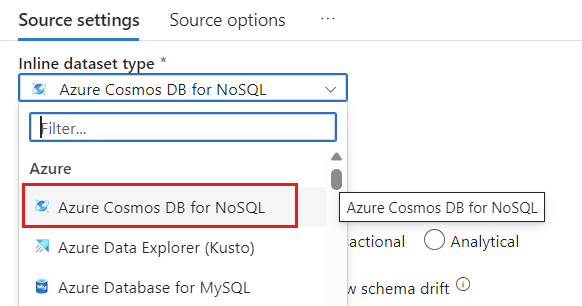 Captura de tela da seleção do Azure Cosmos DB para NoSQL como o tipo de conjunto de dados.