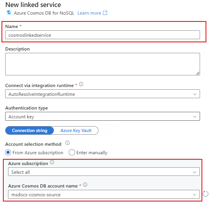 Captura de tela da caixa de diálogo Novo serviço vinculado com uma conta do Azure Cosmos DB selecionada.