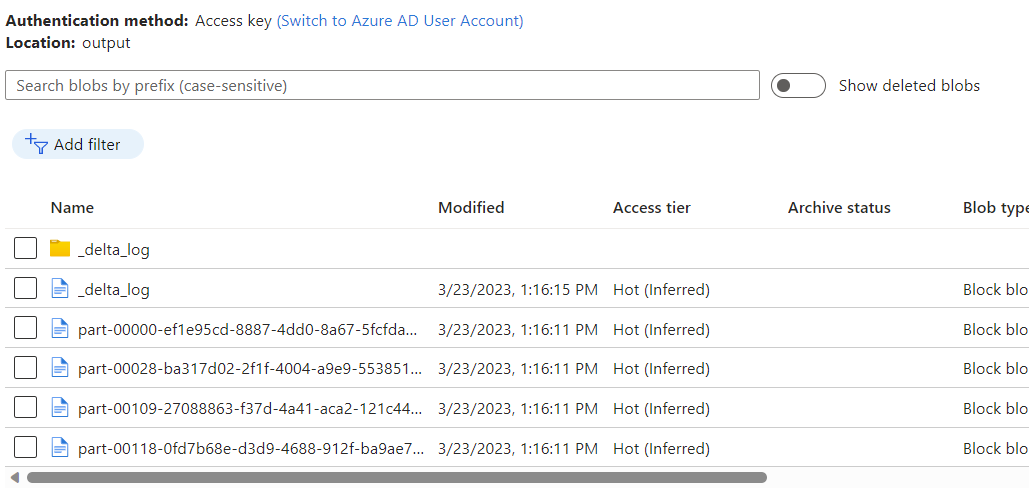 Screnshot dos arquivos de saída do pipeline no contêiner de Armazenamento de Blob do Azure.