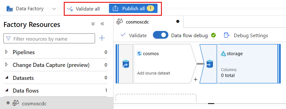 Captura de ecrã da opção para validar e, em seguida, publicar o fluxo de dados atual.