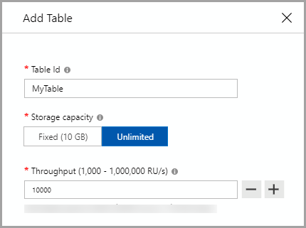 Captura de ecrã da API para Tabela, caixa de diálogo Adicionar Tabela