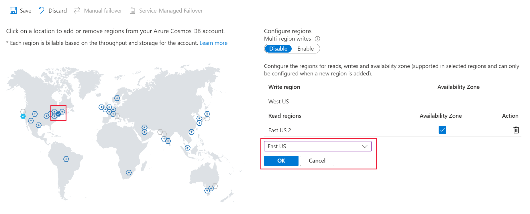 Captura de ecrã do menu Replicar dados globalmente, realçando uma região.