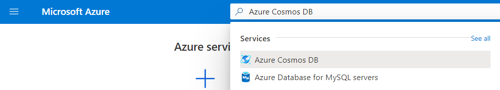 Captura de ecrã que mostra a pesquisa do Azure Cosmos DB.