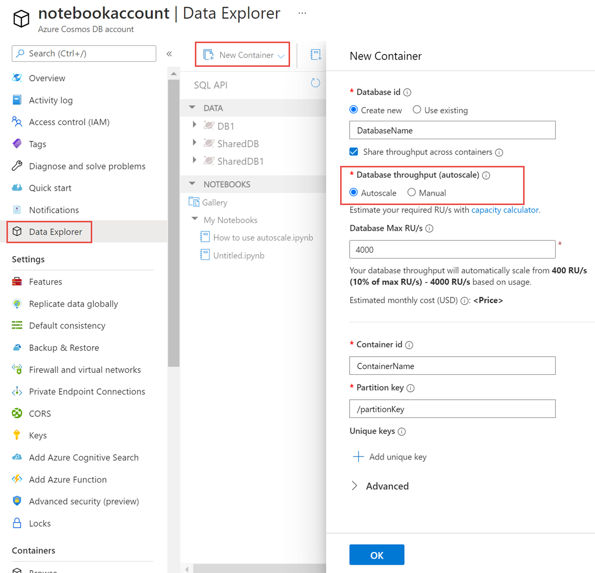 Criando um contêiner e configurando a taxa de transferência provisionada em escala automática