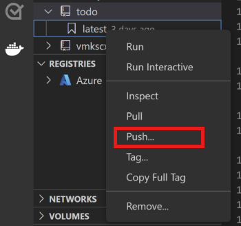 Captura de tela do menu de contexto no Visual Studio Code com a opção Push selecionada.