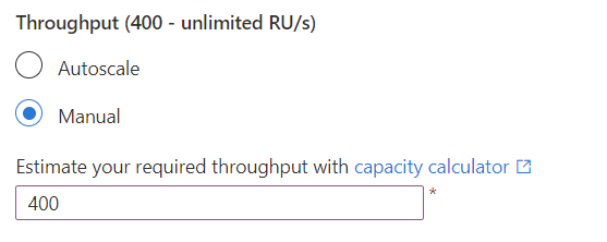 Captura de tela das configurações de taxa de transferência para o banco de dados reduzida para 400 RU/s.