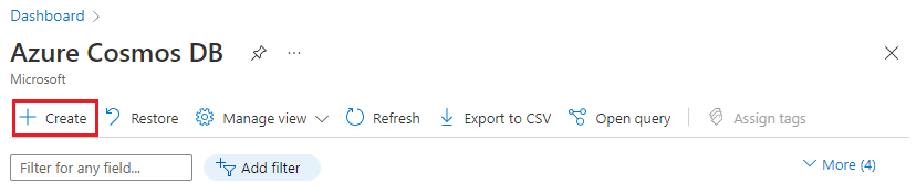 Captura de ecrã a mostrar Criar para o Azure Cosmos DB.
